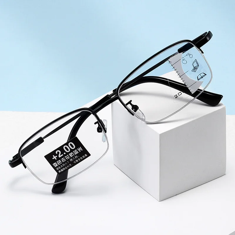 Retro Alloy Color Changing Presbyopia Glasses Men Business Automatic Zoom Anti Blue Light for Far Near Use Reading Glasses 2024