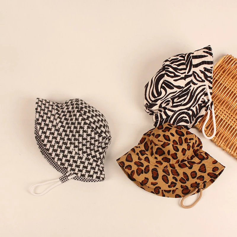

Summer Big Brim Kids Sun Hats Adjustable Drawstring Beach Cap Panama Sun Protection Caps Fashion Leopard Baby Bucket Hat