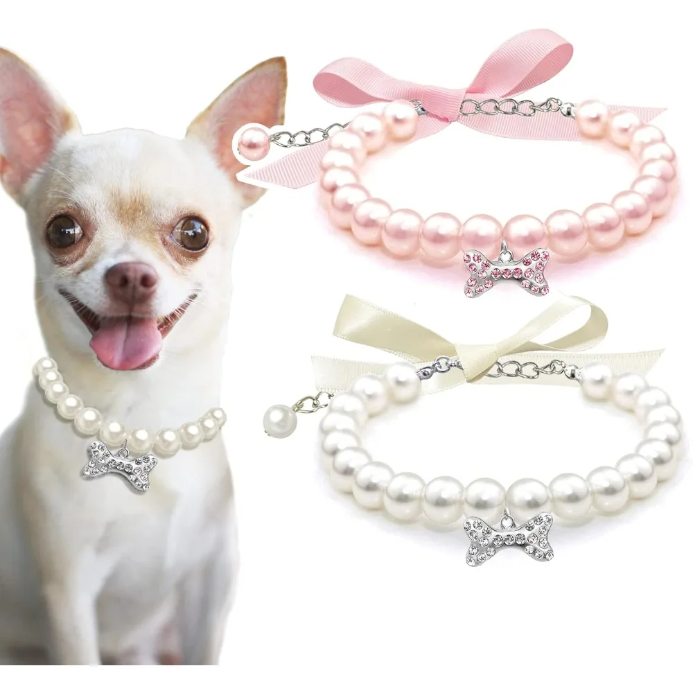 

2pcs Pet Pearl Necklace Adjustable Cute Cat Bow Collars Kitten Tie Bone Pendant Small Pet Supplies Jewelry Accessories