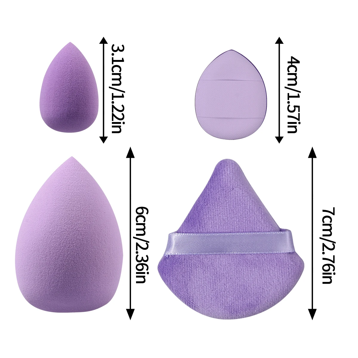 De 12-delige make-uptoolset bevat een driehoekige poederdons, een mini-duimpoederdons en een groot schoonheidsei