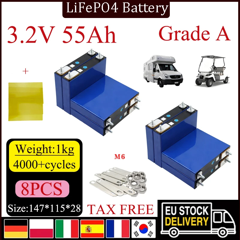 8PCS New 3.2V 55Ah Lifepo4 Battery 55000mAh Lithium Iron Phosphate Batteries for 12V 3C Motorcycle Car Engine Modification