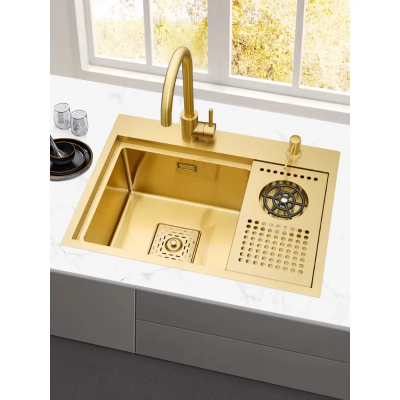 

West Kitchen Island Table Water Bar Table Small Sink Gold High Pressure Cup Washers Invisible with Cover Plate 304 Stainless