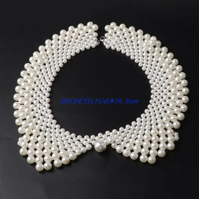 

E21F Ethnic Handmade Woven Beading False Collar Imitation Pearl Jewelry Women Bib Cho