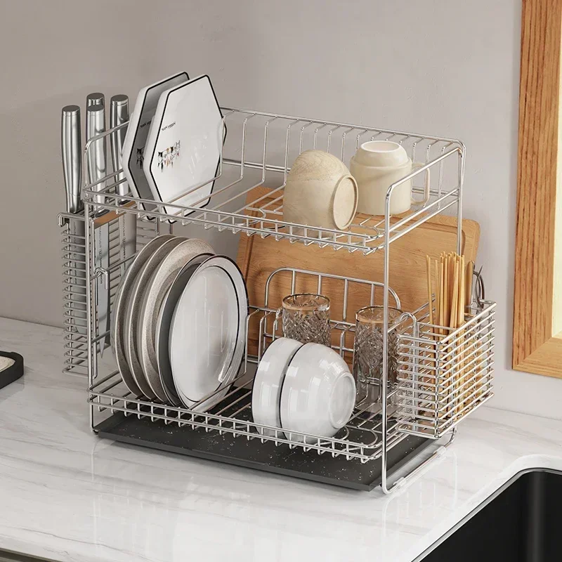 304 Stainless Steel Bowl Rack Sink 2-layers Cutlery Basket Classification Drying Rack Breathable Drainage Kitchen Organizer