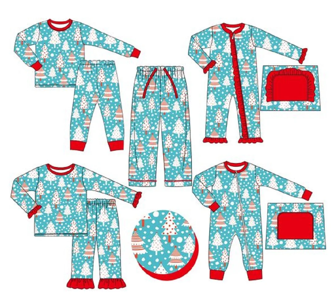 

New design lovely girl autumn winter long sleeve pants 2 sets snow tree print blue suit boutique children's clothing wholesale