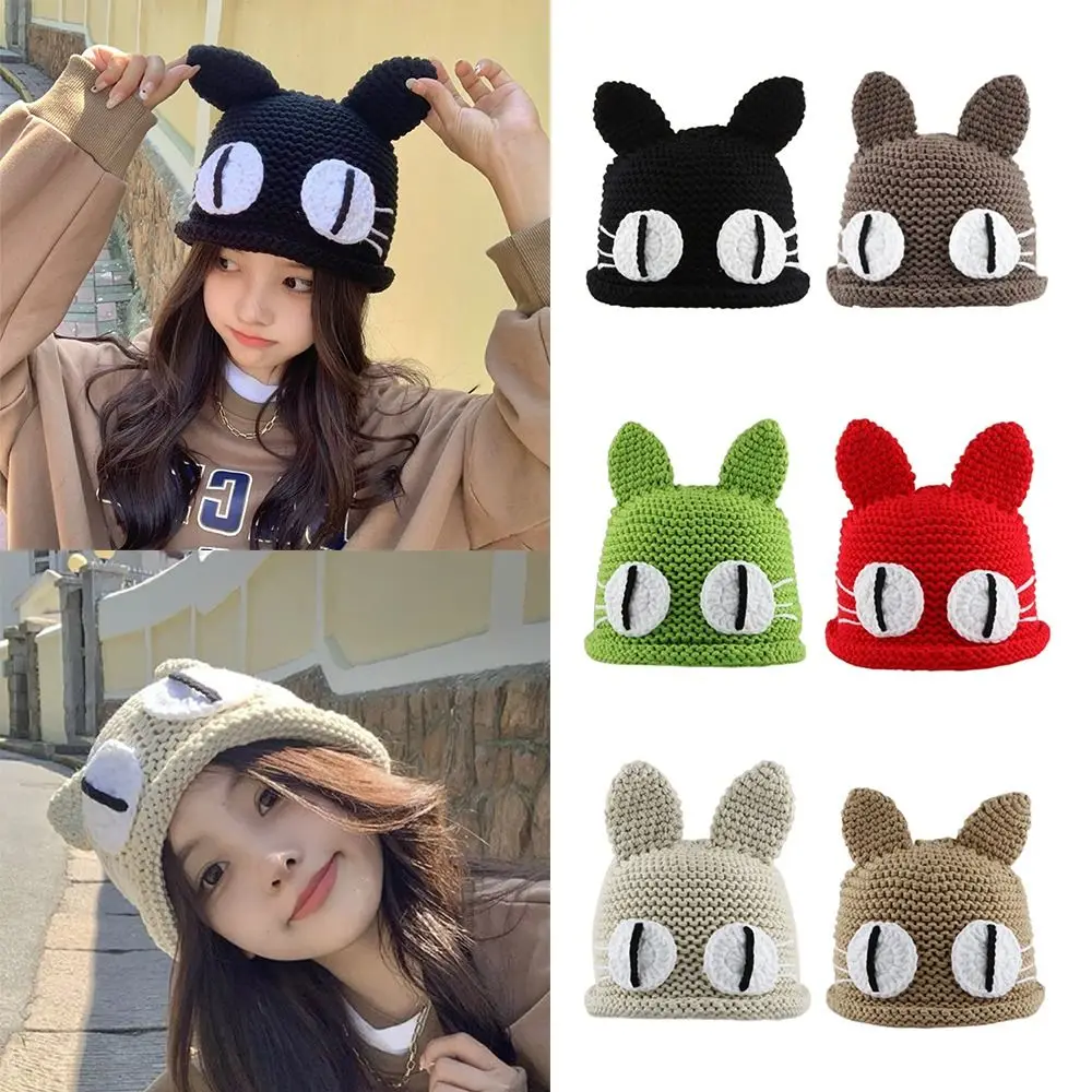 

Popular Big Eye Cat Beanie Hat Cartoon Keep Warm Knitted Hat Windproof Pullover Cap Autumn and Winter