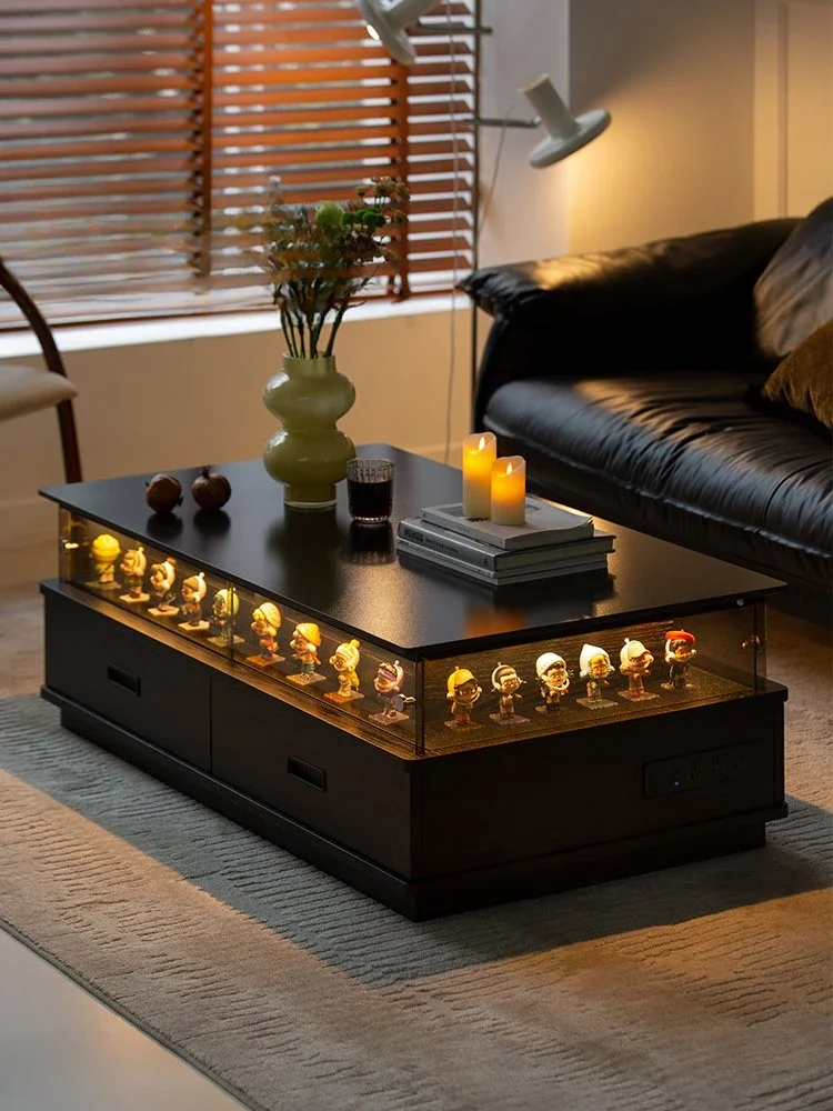 

Solid Wood with Light Atmosphere Black Rectangular Small Apartment Simple Living Room Rock Plate Tea Table
