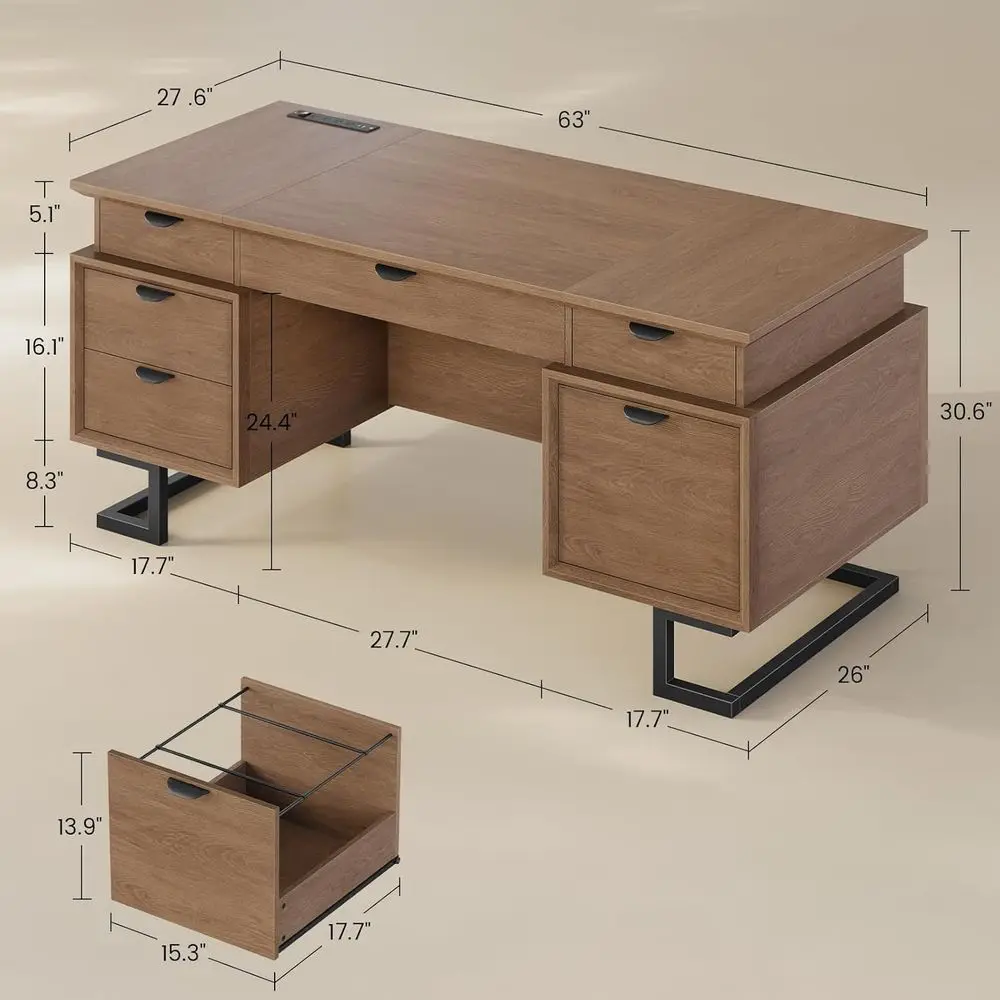 63 Inch Executive Desk with Charging Station, Large Home Office Desk with 6 Drawers, 2 Cabinets, Cable Management, Keyboard Tray