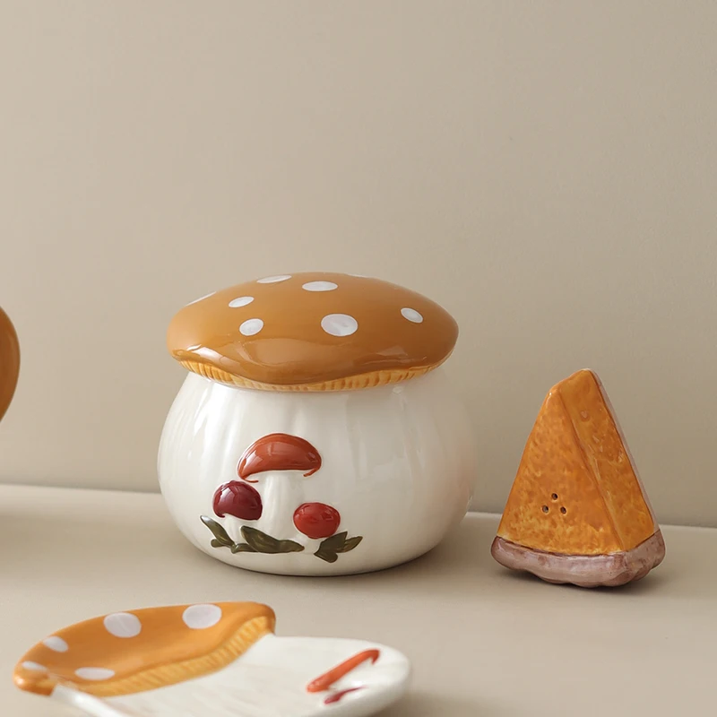 Cute Mushroom-shaped Tableware Hand-painted Underglaze Color Mug Dessert Dish Sugar Jar Storage Jar Seasoning Bottle Kitchen