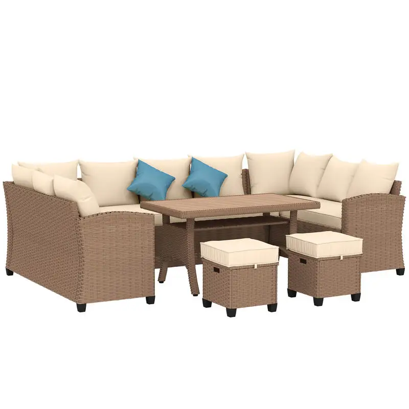

Outsunny 6 Piece Patio Furniture Set, PE Wicker Outdoor Furniture Conversation Set with 3 Sofas, 2 Ottomans and Slatted WPC Top Dining Table, All Weather Sectional Sofa Couch with Pillows, Khaki