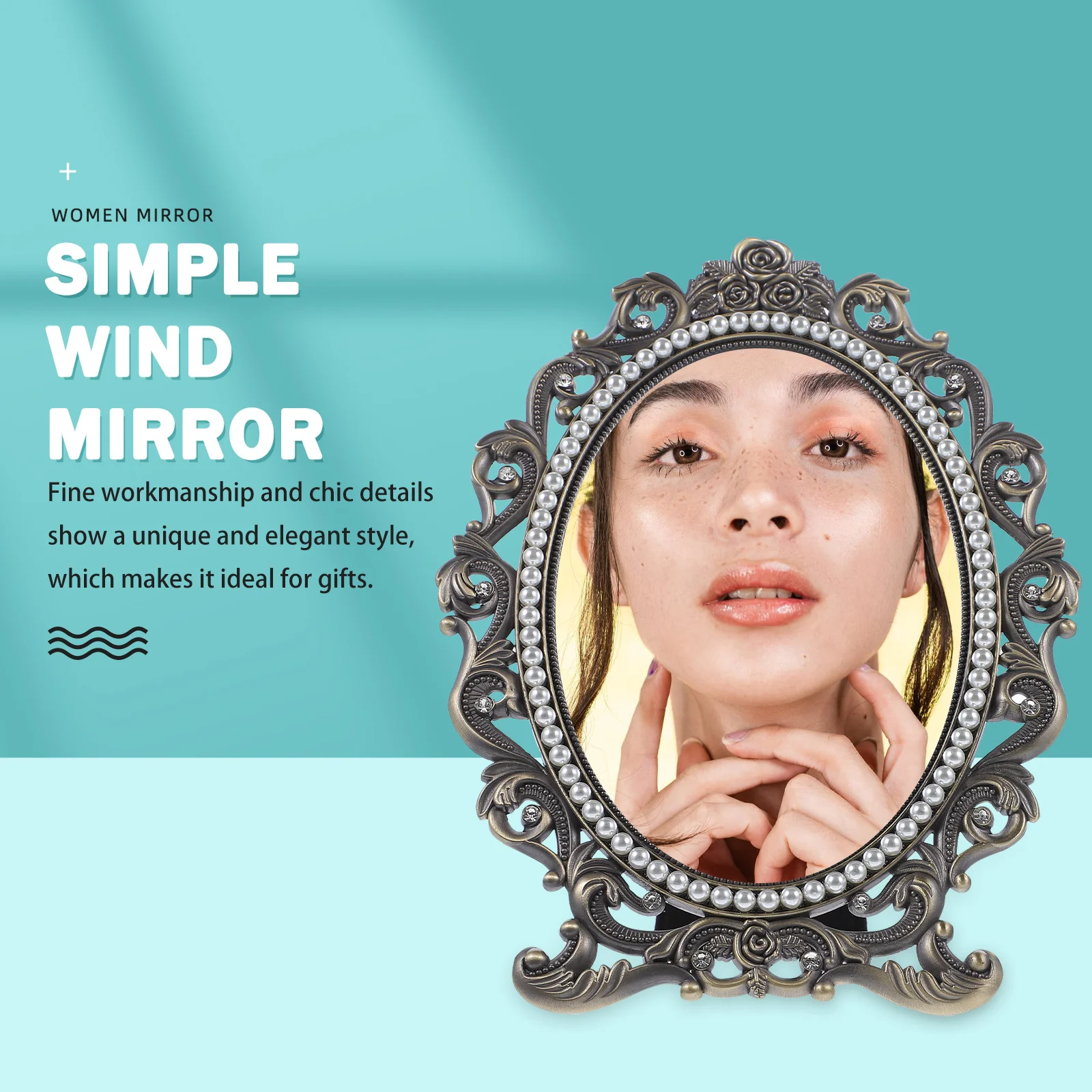 Retro Pearl Makeup Mirror with Elegant Standing Design Stable Base for Bedroom Desktop Use Tabletop Vanity Mirror