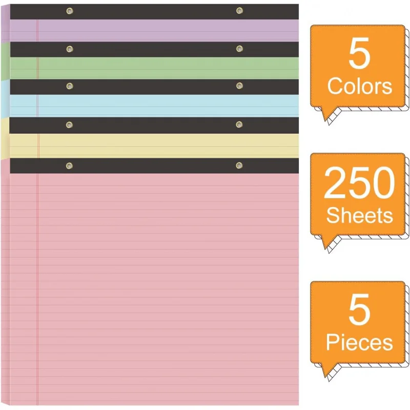 (5 Pads 11 x 9.5 Legal Pads College Ruled Notepad, Colored Lined Paper Pads, 50 Sheets/Pad, Colors Pastel Writing Pads Sch