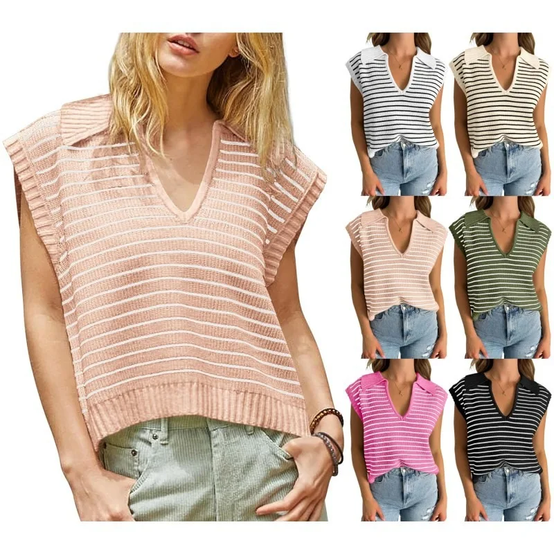 

Women's Summer New V-neck Basic Short Knitted Sleeveless Vest T-shirt, Casual Striped Color-blocking Top