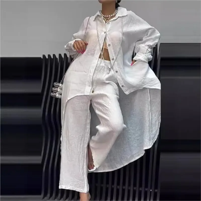 

Lady Clothes Elegant Cuff Shirt Elastic Waist Trousers Set For Women Stylish Button-down Blouse With Irregular Hem For Fall 2025