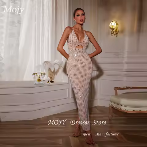 Mojy Elegant Fashionable Backless V-Neck Sleeveless Diamond Embellished Tight Long Wrap around Evening Dress Cocktail Dress