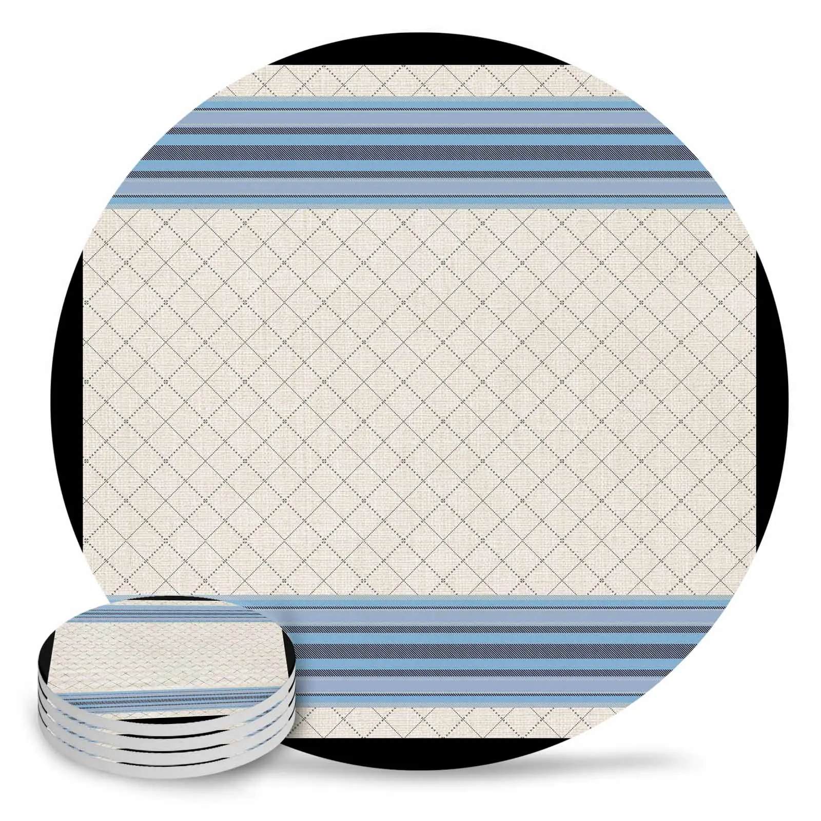 Fabric Grid Texture Round Coaster Coffee Table Mats Kitchen Accessories Absorbent Ceramic Coasters