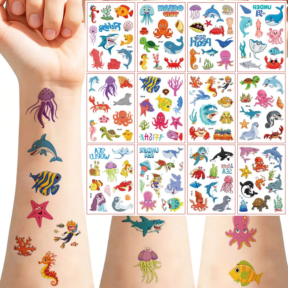 12pcs Marine Animals Pattern Tattoo Stickers Cute Design Waterproof Temporary Tattoo Stickers For Arm And Body Decor