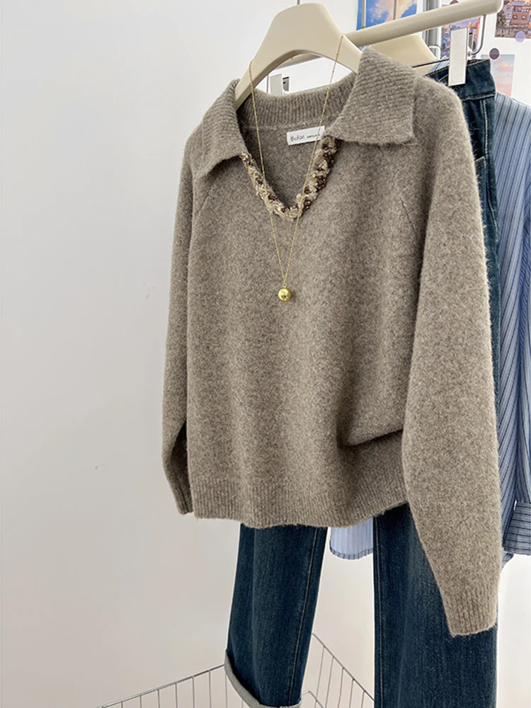 

Korean Lazy Style Loose Sweater Autumn Winter Fashion Retro Lapel Pullover V-neck Women Chic Design Long Sleeve Sweater