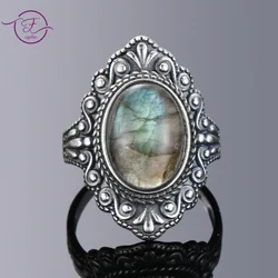 Vintage Oval Natural Labradorite Rings For Women Silver Ring Jewelry Finger Ring Gemstone Rings Party Gift