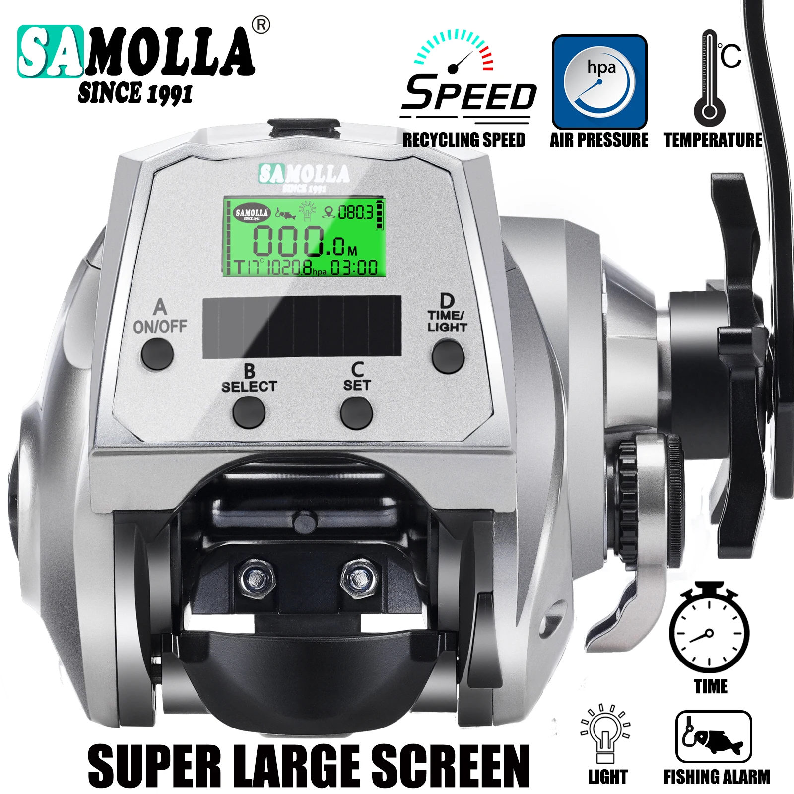 SAMOLLA New Large Electronic Fishing Reel Solar+Usb charging Large Display Screen Temperature/Air Pressure Baitcasting Reel