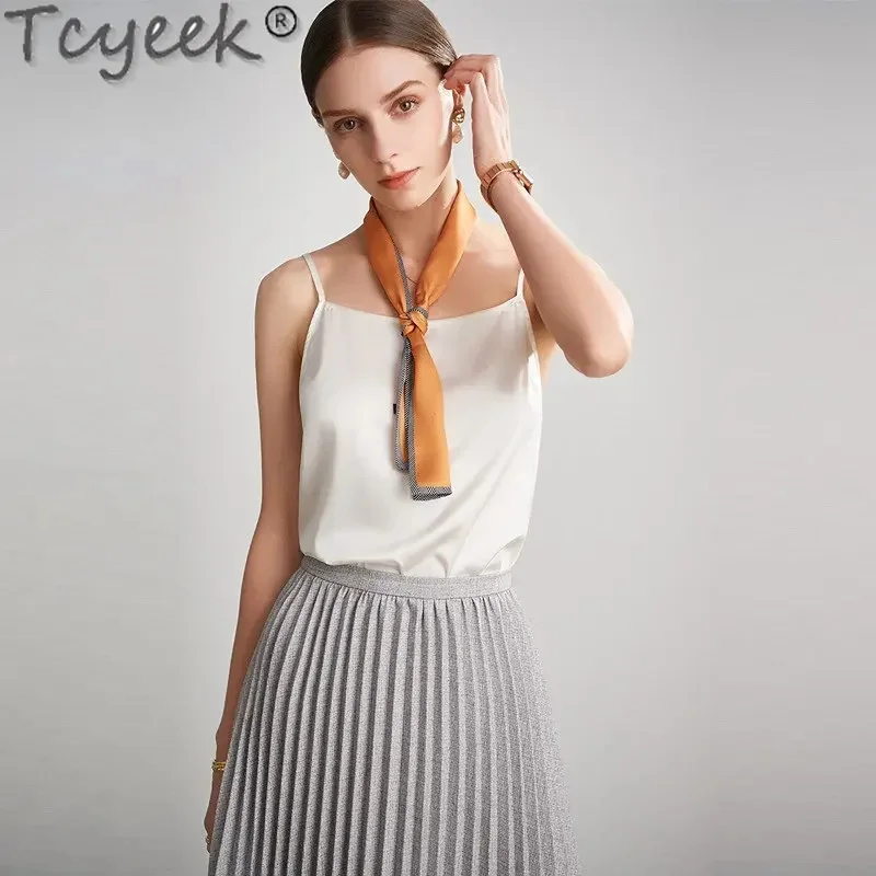 93% Tcyeek Mulberry Silk Solid Color Camisole Summer Clothes for Women White Top Inner Wear Outside Tops Sexys Mujer