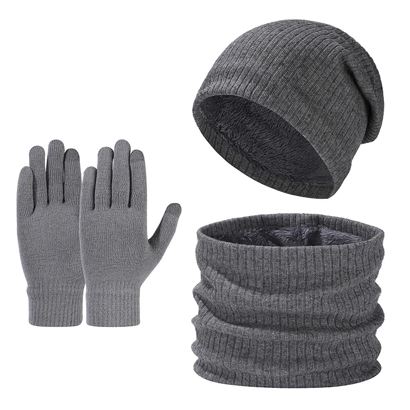 3Pcs/ Set Autumn Winter Thickened Beanies Scarf Gloves Set Unisex Fleece-lined Hat Scarve Knit Neck Warmer Windproof Sets