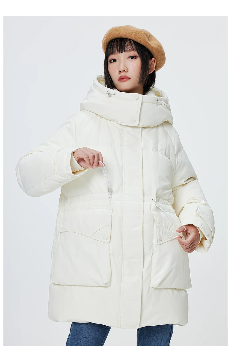 Metersbonwe Women's Oversized Long Hooded Down Jacket Adjustable Pig Nose Buckle Waist Belt Utility Duck Down Parka Warm Winter