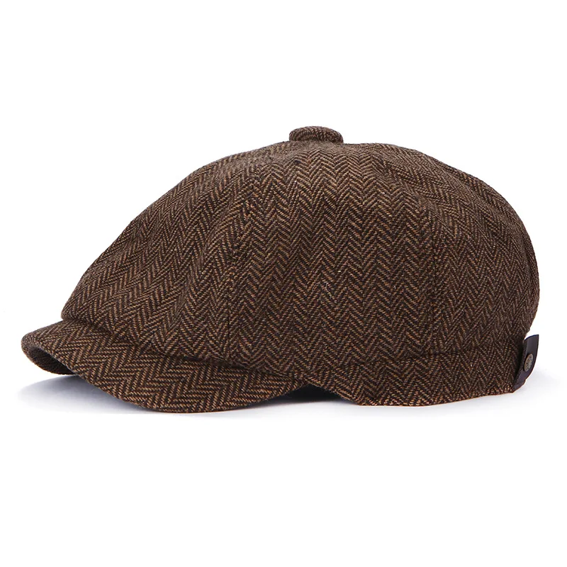 Newsboy Cap Flat Top Herringbone Tweed Wool Baker Boy Peaky Blinders Berets Flat Peaked Cap Adjustable Taxi Driver Hat