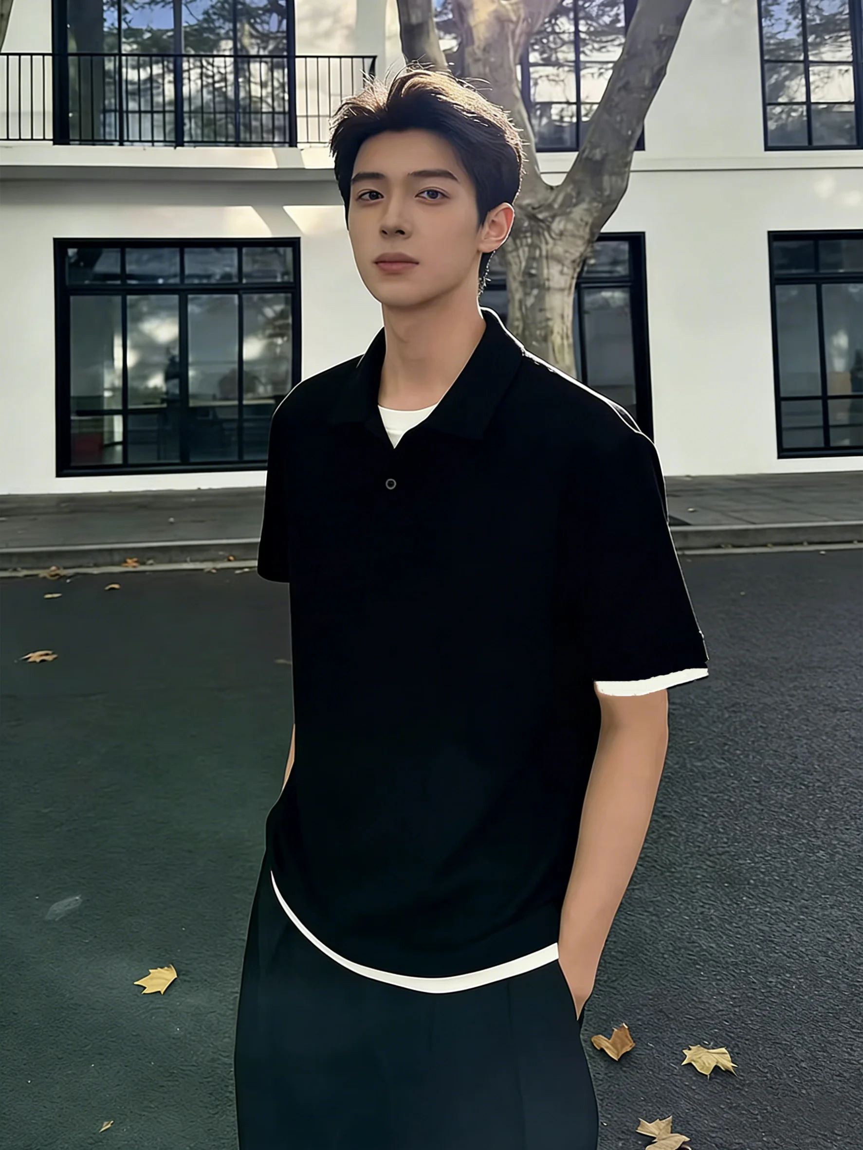 Black Fake Two-Piece Short Sleeve  Shirt Men's Summer CleanFit Shoulder Flip Collar T-Shirt Breathable Standard Fit Fashi...