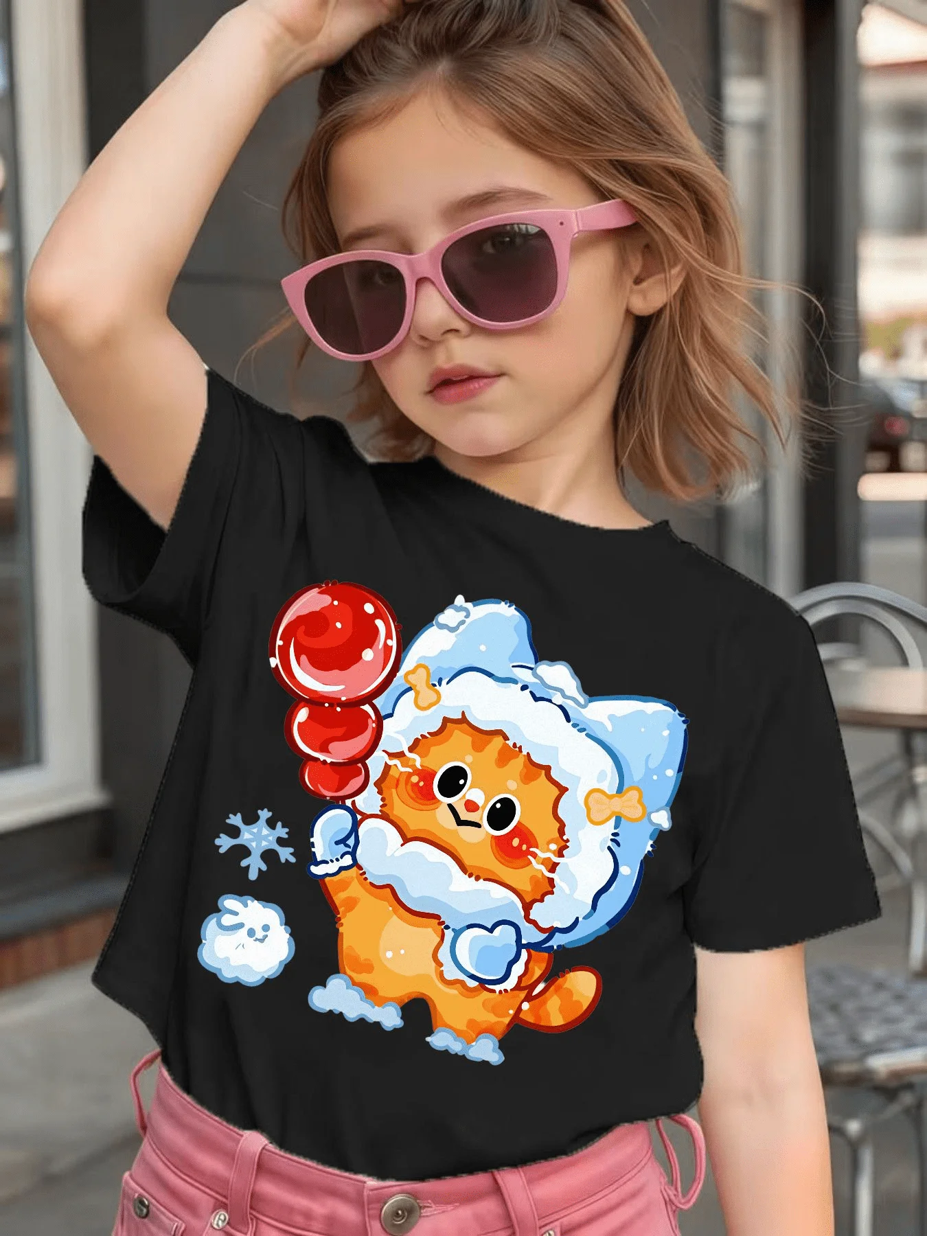 Cute Winter Cat Tanghulu Cartoon Graphic Kids Tee Boys Girls Family Matching Cotton Crew Neck Short Sleeve Soft Summer Tee