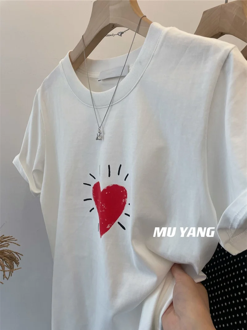 

Shiny Red Heart White Tee Short Sleeve Casual Women's T-shirt Spring Summer Versatile Korean Design round Neck Cotton Blend