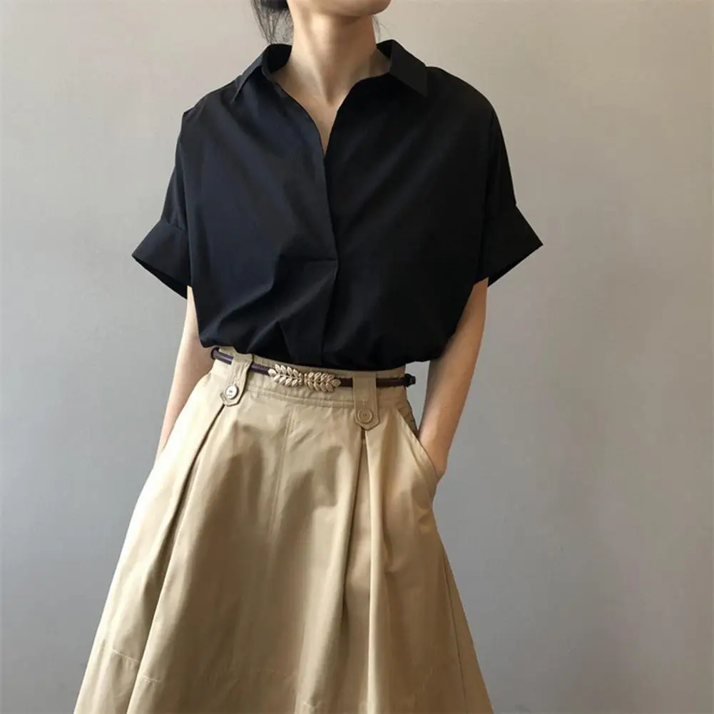 Short Sleeve Women Shirt Women Summer Shirt Lapel Short Sleeve Solid Color Women Blouse Loose Thin Office Lady Shirt Workwear