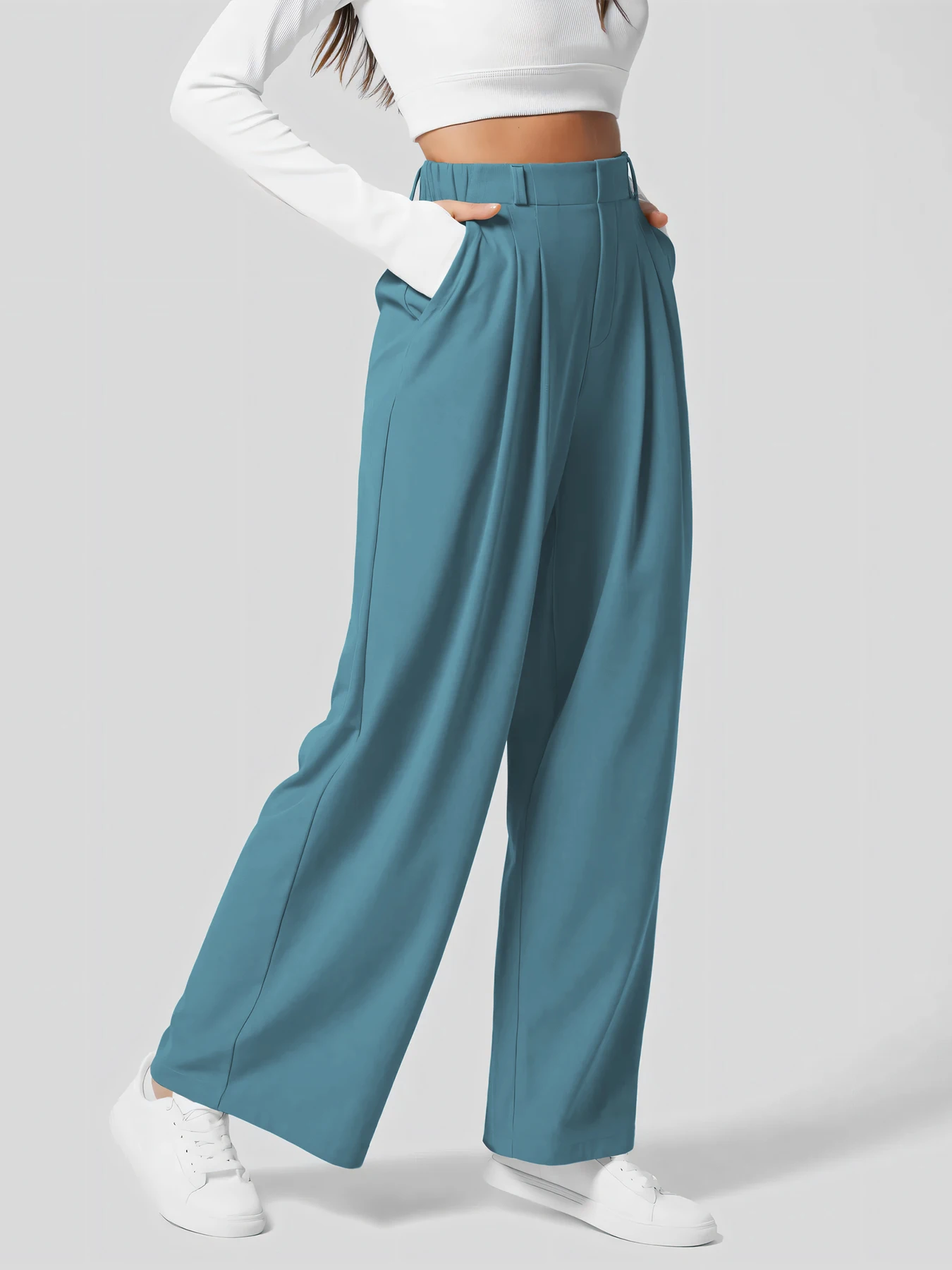 Damenhose, karierte, figurbetonte Hose mit weitem Bein und Taschen, hochtaillierte, lässige, figurbetonte Hose mit weitem Bein für Damen. – Detail 11