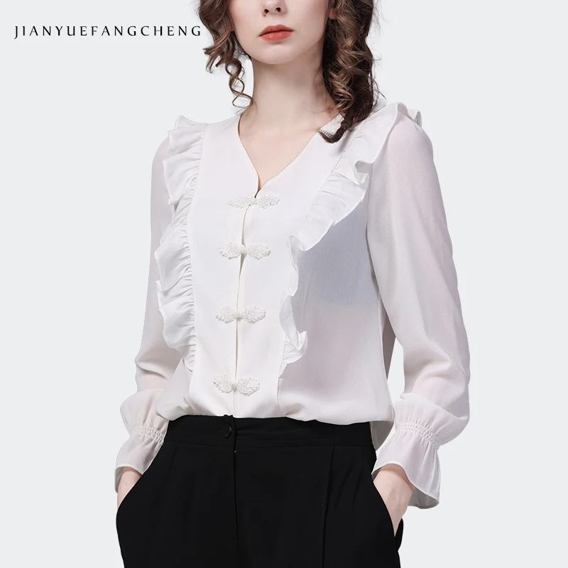 Fashion Womens Long Sleeve V-Neck Black Ruffles Blouse Loose Plus Size Spring Summer Tops Elegant Vintage Office Ladies Shirts