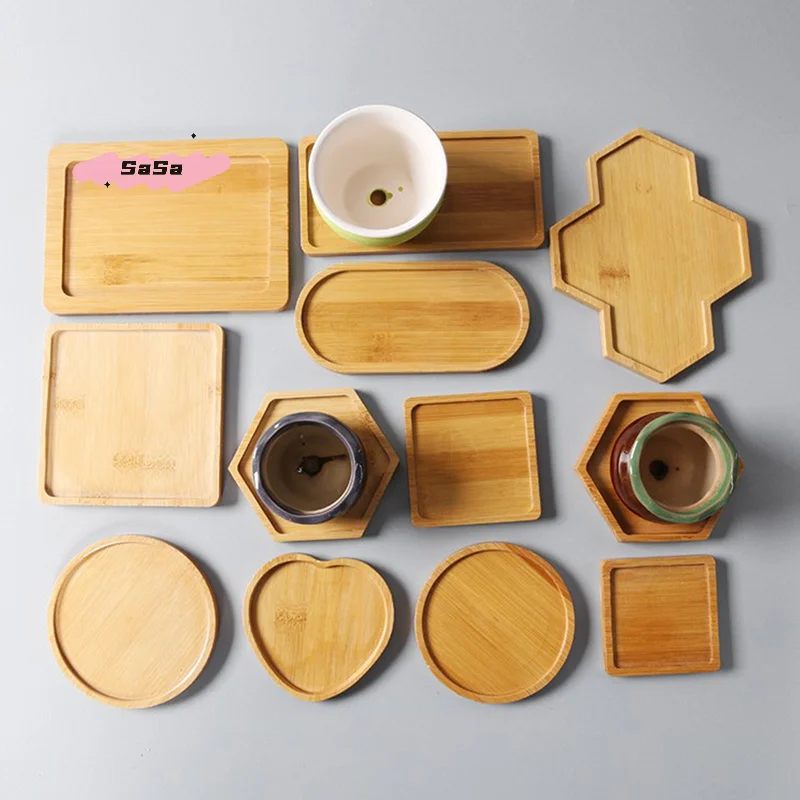 Bamboo Wood Tray Simple Style Home Decoration Succulents Bonsai Holder round Square Flowerpot Base for Living Room Bedroom
