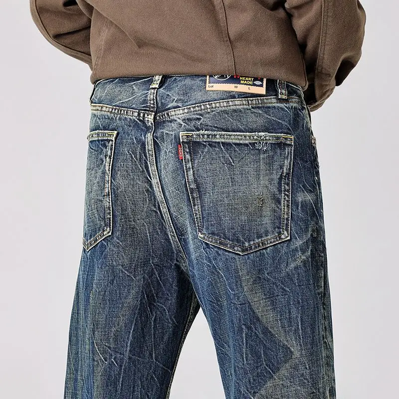 

Осенние высококачественные сверхмощные потертые и б/у джинсы для мужчин, свободные, прямые, красивые, уличные модные, модные длинные брюки