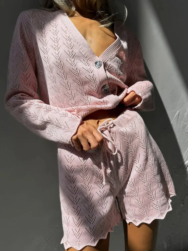 Women'S Summer Knited 2 Two Pieces Sets Suit Hollow Out Long Sleeve Single Breasted Tops And Shorts Pants Beach Holiday