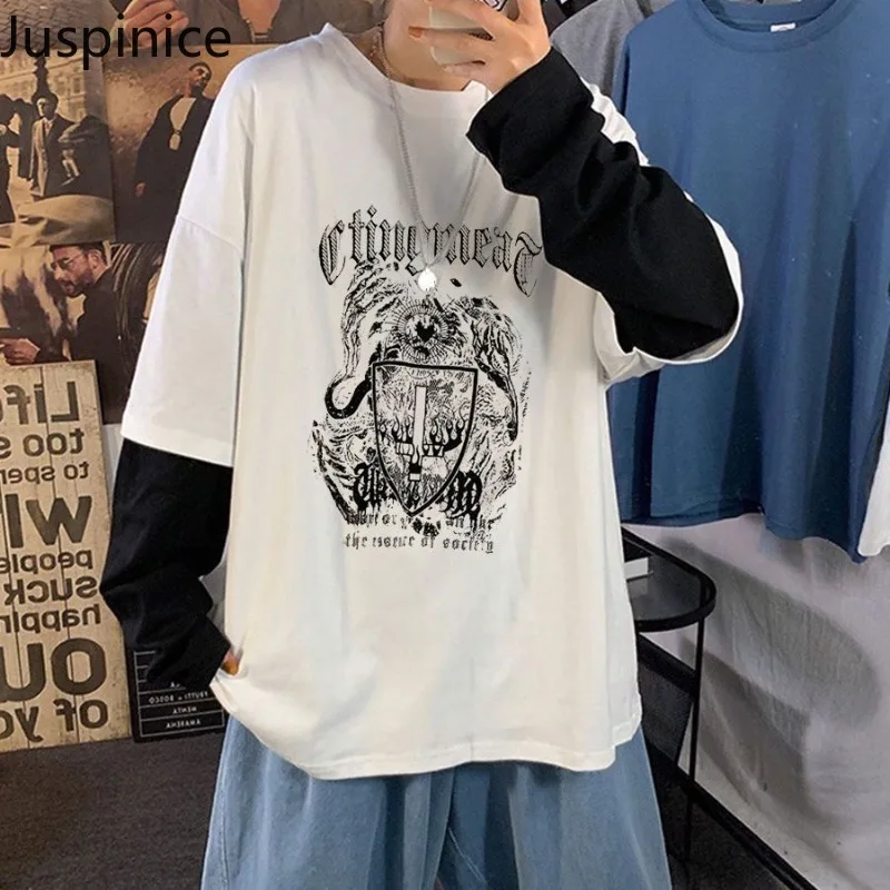 

Juspinice Korean Ins Hong Kong Style Retro Letter Printed Patchwork Fake Two-piece Top Loose Long Sleeved T-shirt Male Clothes