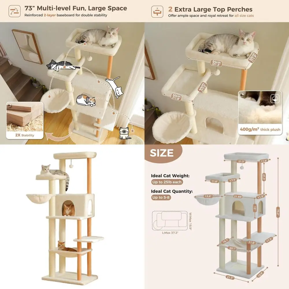 

73-высокая деревянная башня для кошек с 2 гамаками, 2 кровати, 8 когтеточками для больших домашних кошек