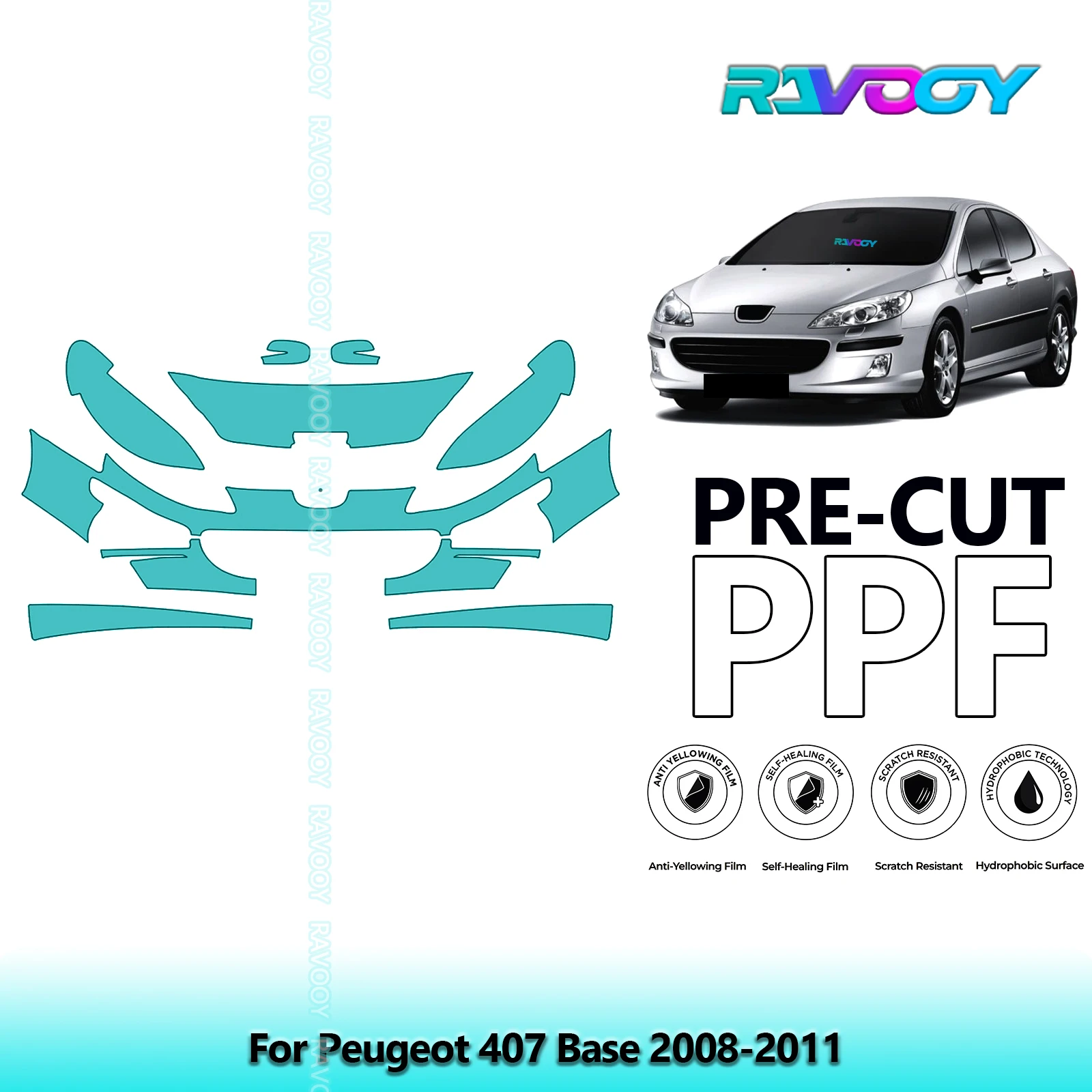For Peugeot 407 Base 2008-2011 Partial Front 8.5Mil Pre-Cut Paint Protection Film PPF Stone Chip Kit | Clear/Matte/Black Options