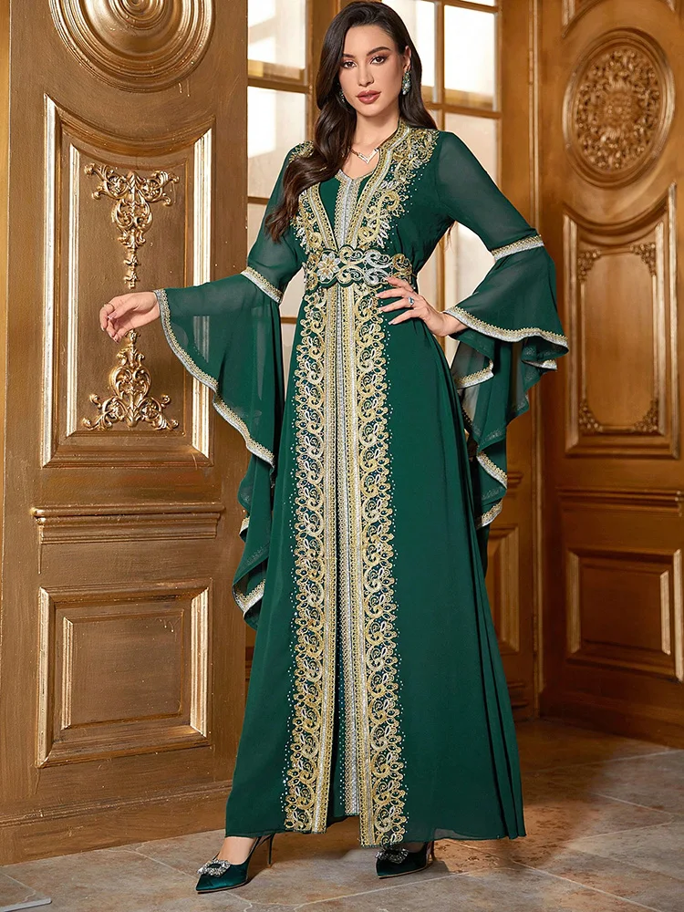 

TOLEEN 2024 Luxury Elegant Arabian Kaftan Jalabiya Party Evening Modest Dress Women Embroidered Applique Trumpet Sleeve Dresses