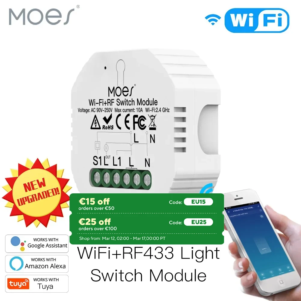 Mini DIY WiFi RF433 Smart Relay Switch Module Smart Life/Tuya App Control, Work with Alexa Google Home 1 Gang 1/2 Way