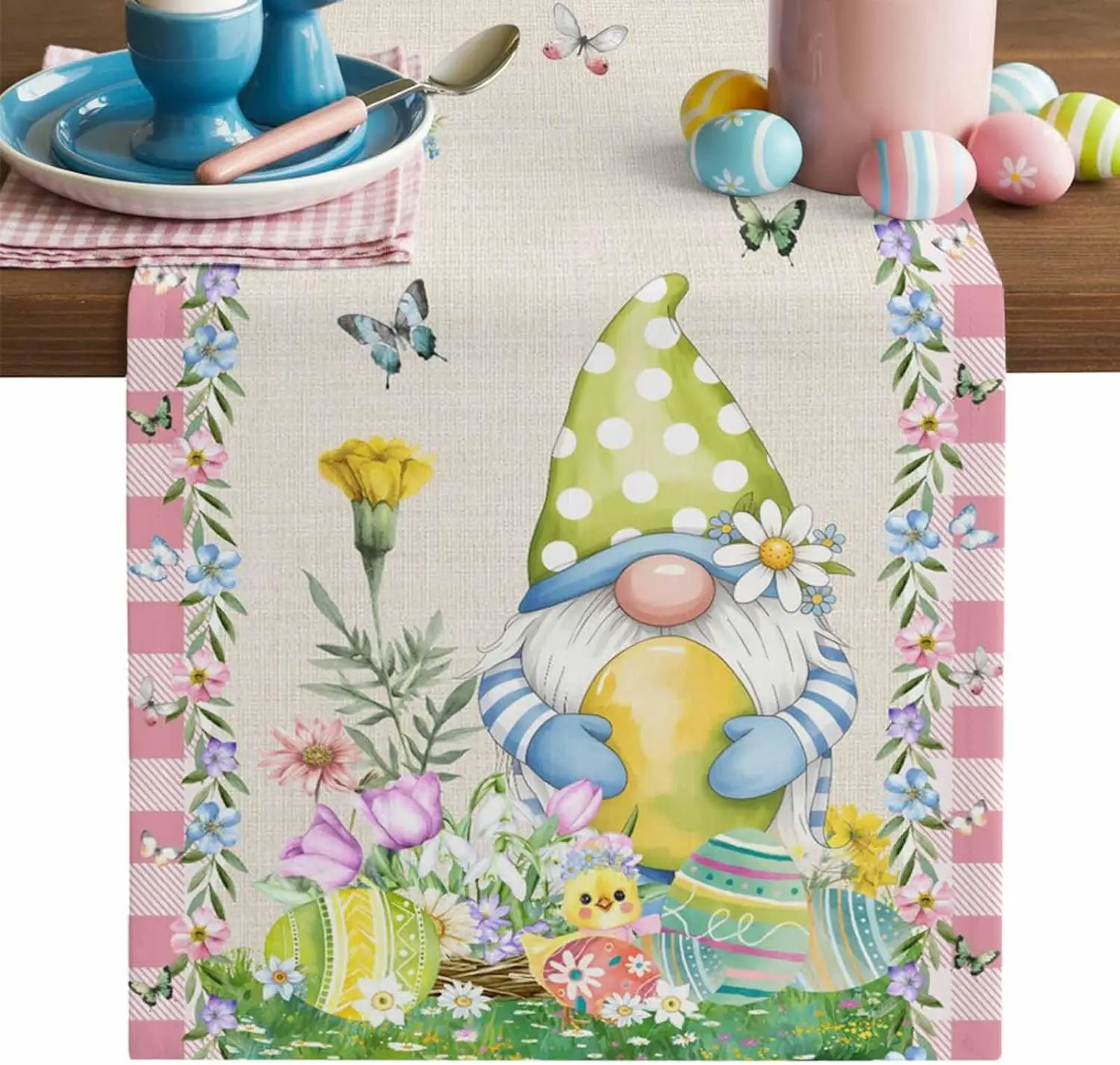 

Счастливые пасхальные яйца, гном, клетчатая льняная дорожка для стола, декор для вечеринки, весенний розовый цветок, бабочка, дорожки для обеденного стола, пасхальное украшение