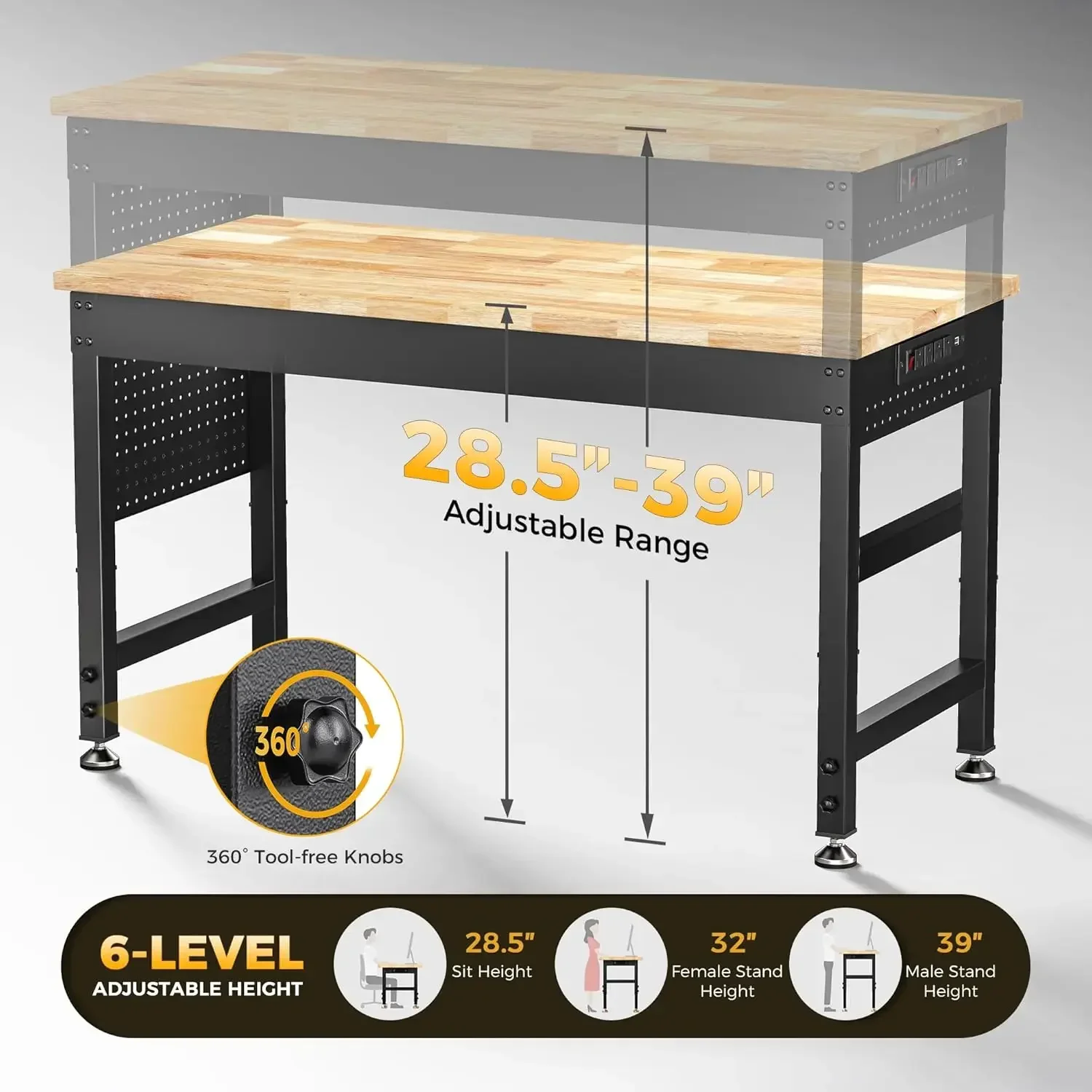 [Limited Time Offer, Clearance!]48" Adjustable Heavy Duty Workbench, 2000 LBS Load Capacity Rubber Wood Work Table with Pegboard