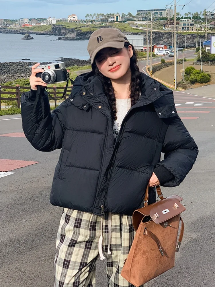 Women Hooded Parkas Coat Short Jacket Solid Long Sleeve Zipper Single Breasted Straight Fit Thick Casual Office Lady 2025 Winter