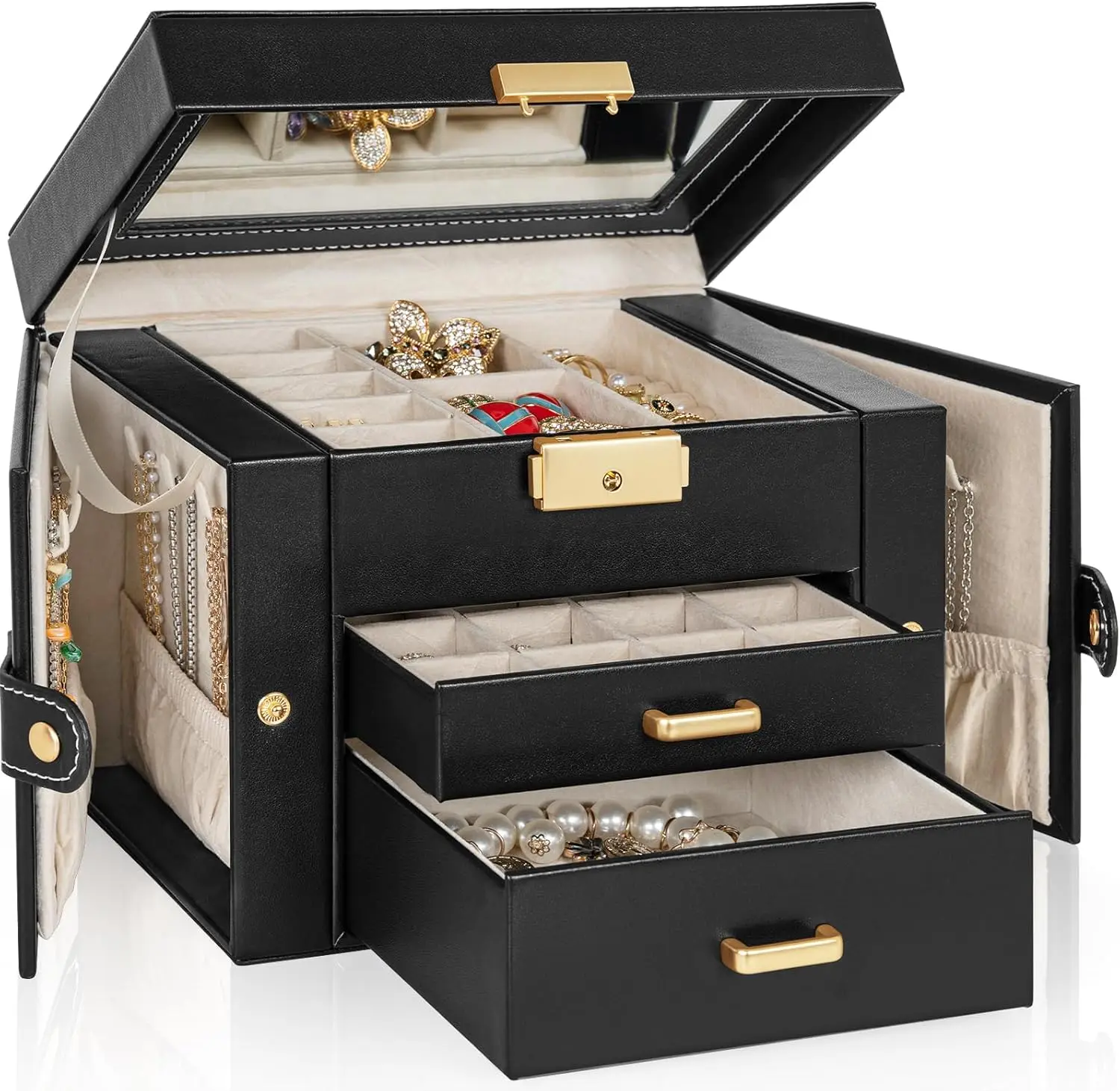 

Jewelry Box for Women, Leather Jewelry Organizer with Mirror & Lock, 3-Tier Jewelry Storage Organizer with 2 Drawers for