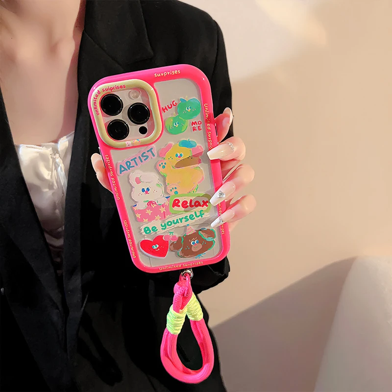 Creative Oil Painting Cute Graffiti Phone Case Fashion New Transparent Scrawl with Lanyard iPhone 14 15Pox Max Half-wrapped Case