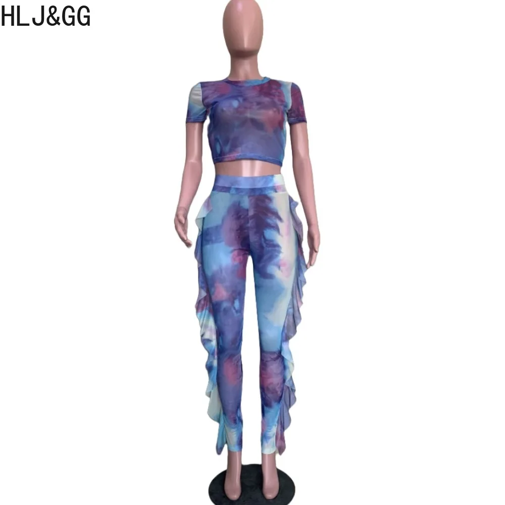 HLJ&GG Fashion Tie Dye Print Mesh Perspective Two Piece Sets Women Round Neck Short Sleeve Crop Top And Ruffle Pants Outfit 2024