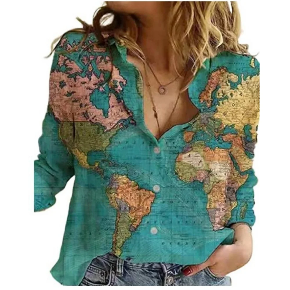 Acting Pro Skirt Print Women\'s Loose Map Print Shirt Sleeve Long Casual Top World Lapel Button Women Womens V Neck Shirts Casual