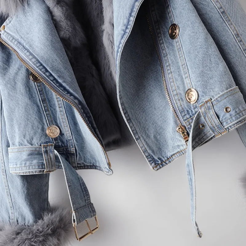 Winter Thickened Women\'s Jeans Jacket Fox Fur Collar Removable Casual Denim Jacket Coat Blue Women Clothing Short Racer Jacket